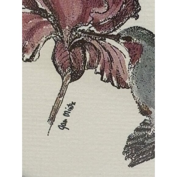 Framed Jean Miste Prints With Hummingbird & Butterfly Floral Designs In Burgundy - Picture 3 of 8